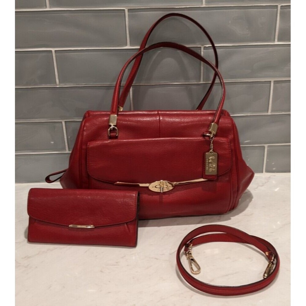 COACH Vintage Red Leather Madison Madeline East West Satchel & Matching Wallet